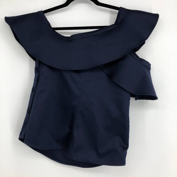 Self-Portrait royal blue off shoulder ruffled blouse in duchess satin size 6 - Picture 5 of 16